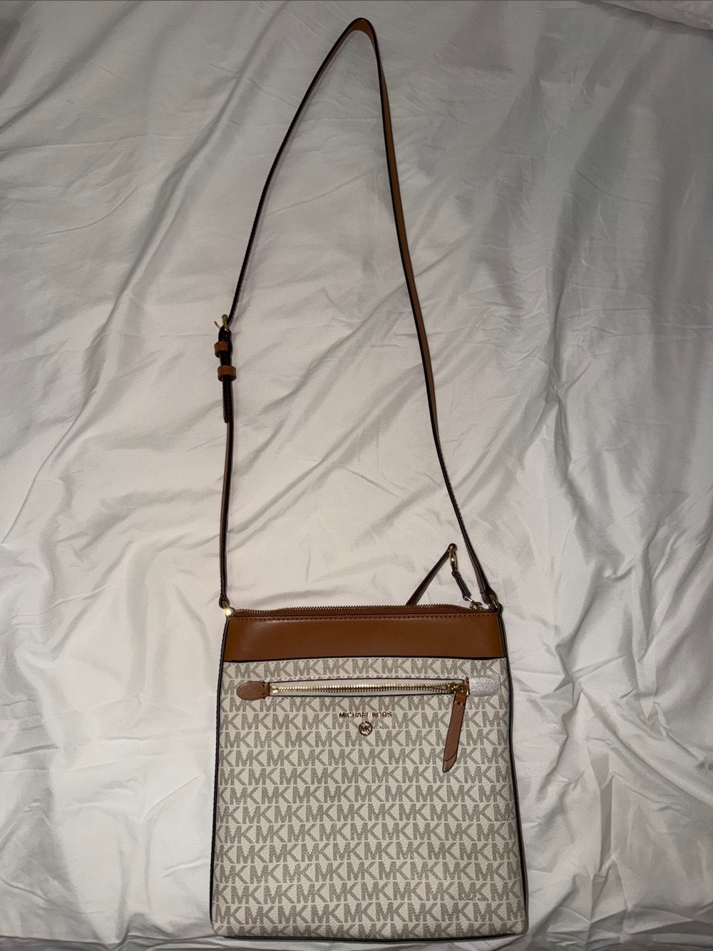 Michael Kors White and Brown Logo Messenger Bag